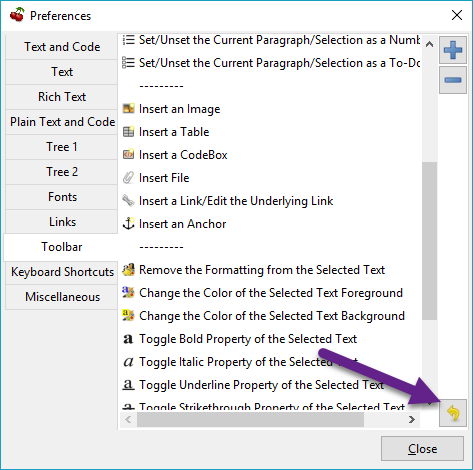 Reset toolbar settings button.