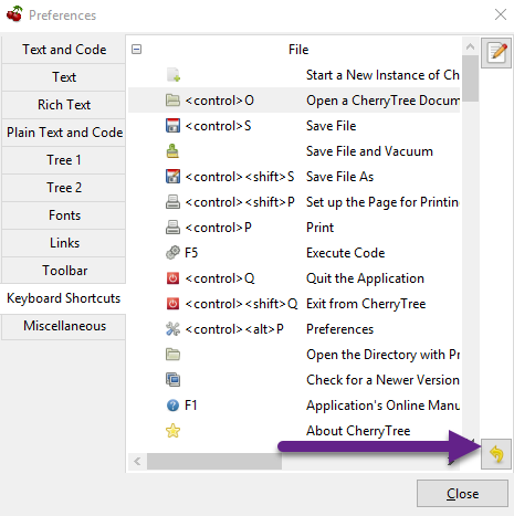 Reset shortcut settings button.
