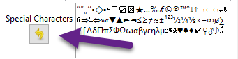 Reset special characters to default button.